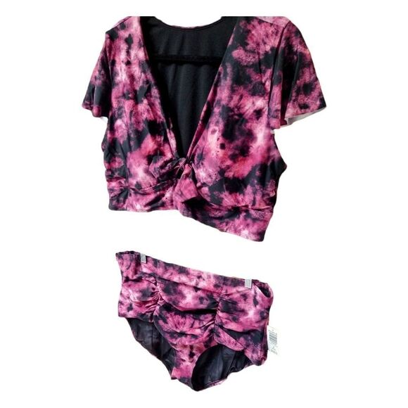 Torrid Plus Size Tie Dye Fuchsia & Black High Waist Ruched Two Piece SwimSuit3X - Picture 6 of 15